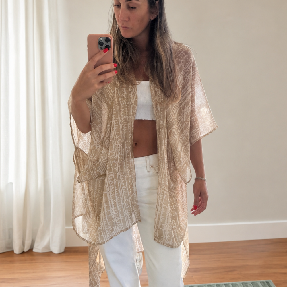 Boutique Sheer Beige Boho Kimono Beach Cover Up | Lightweight Open Front Duster - Picture 1 of 3